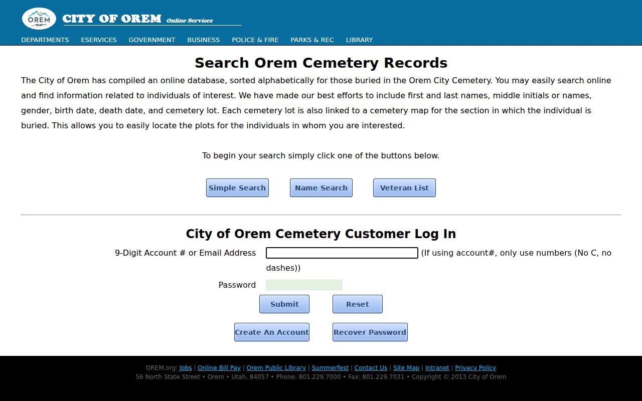Orem people search in the city cemetery database