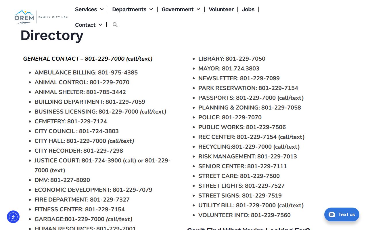 Orem people directories screenshot of the city department contact list