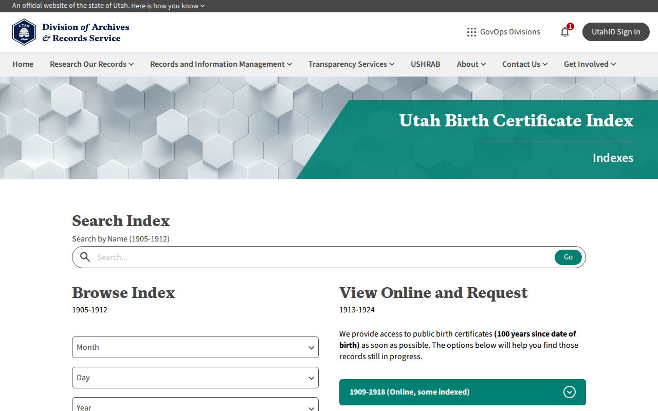 Orem people directories screenshot of the Utah State Archives birth index