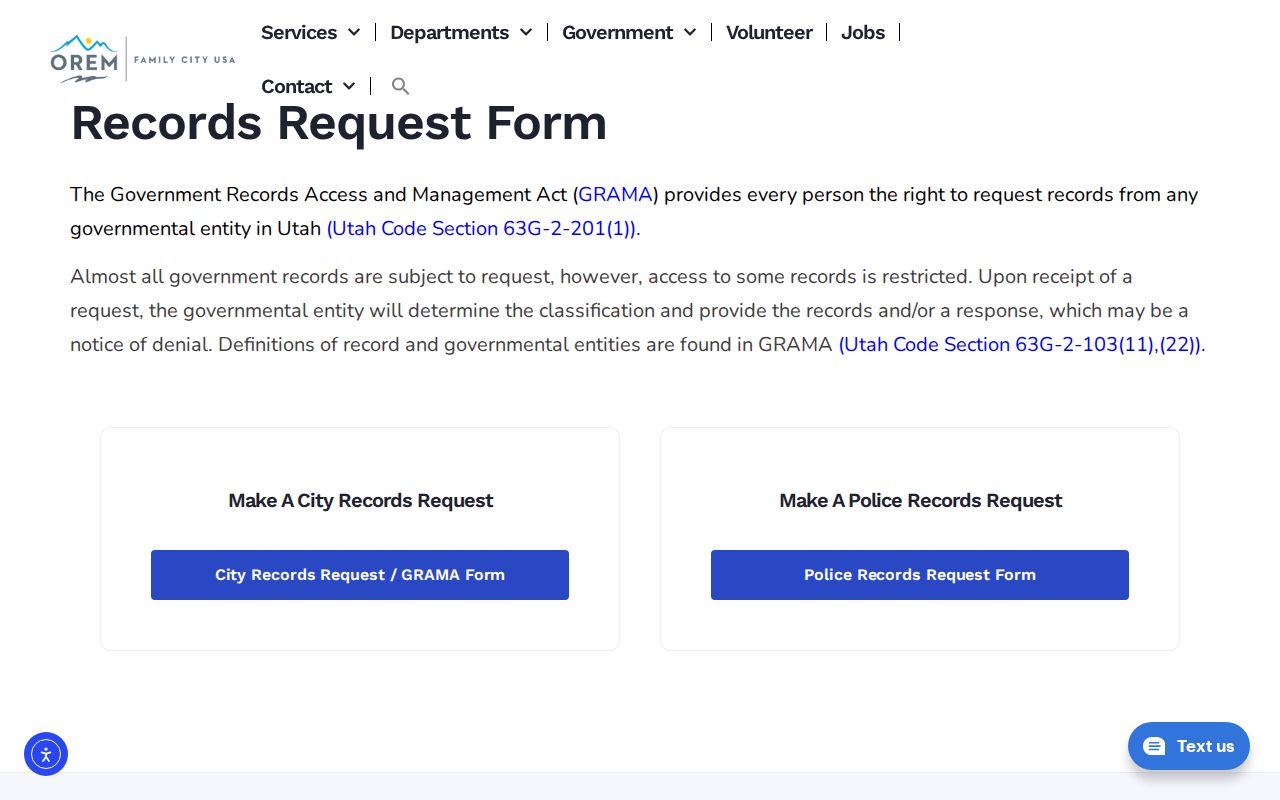 Orem public records request page for city files