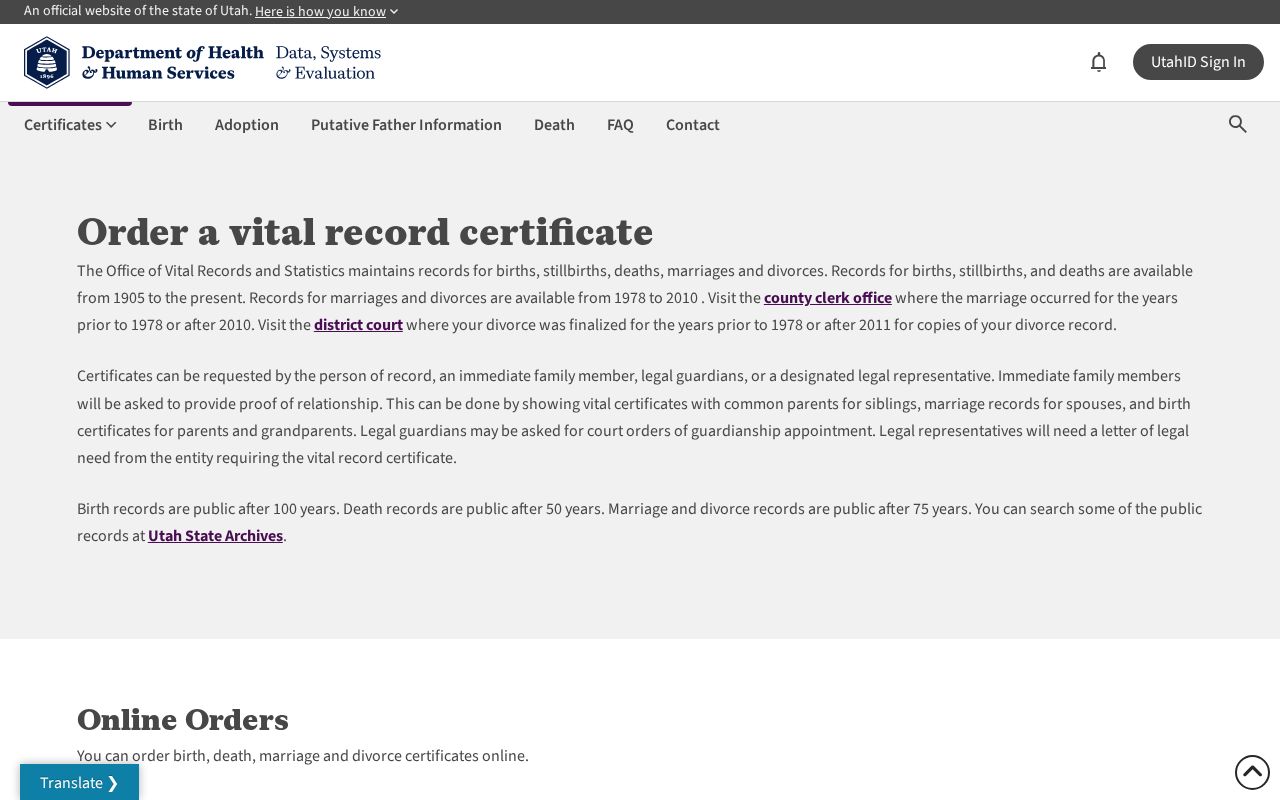 Orem public records route for Utah vital certificate orders